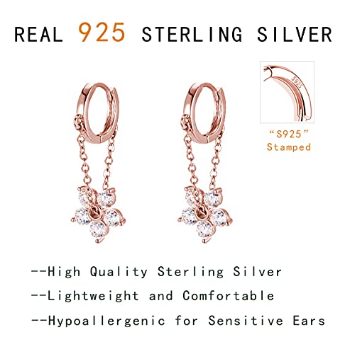 Reffeer 925 Sterling Silver Flower Chain Drop Earrings Hoop For Women Teen Girls Huggie Hoop Dangle Earrings Chain (C-Rose) #TOP6