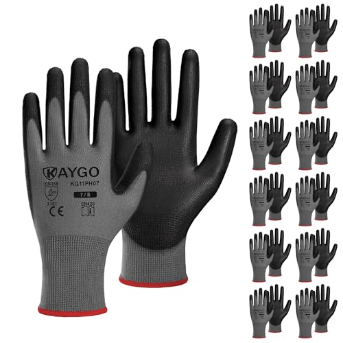 Image of KAYGO Work Gloves for Men and Women,12 Pairs Seamless Knit PU Coated Safety Gloves, with Smooth Grip on Palm and Fingers, Ideal for Light Warehouse, Manufacturing, Gardening, KG11P (S,Gray)