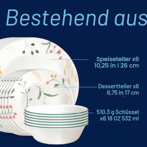 Corelle Vitrelle 18-teiliges Geschirrset aus Glas für 6 Personen, dreilagig, splitter- und rissfest, Glasteller und Schüssel-Sets, Wildblume – Ansicht 3