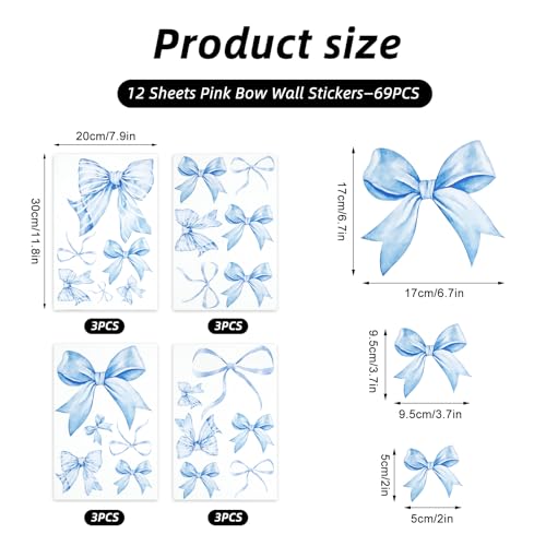 Calcomanías de pared azul con lazos 12 hojas 69 piezas miniatura 2