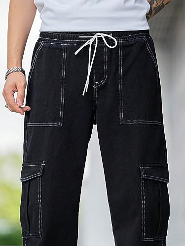 WDIRARA Men's Flap Pockets Cargo Drawstring High Waisted Casual Straight Leg Pants3