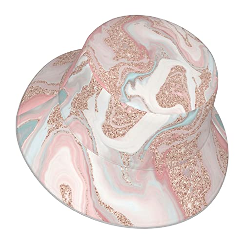 Rose Gold Glitter Coral Gray Pastel Marble Bucket Hat Summer Travel Hat Beach Sun Hat Aesthetic Fishing Hat For Men Women Outdoor Cap Reversible Double-Side-Wear #TOP2