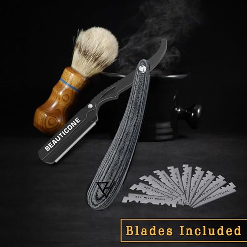 Image of BEAUTICONE Straight Razor for Men, Professional Barber Razor with 100 Single Edge Blades, Straight Edge Single Blade Razors for Men, Wooden Handle