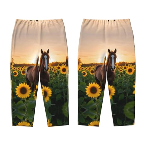 Pajama Pants Pajama Bottoms with Elastic Waistband Sleepwear Lounge PantsAnimal Horse Sunflowers Fields3
