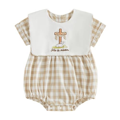Motlapol Baby Easter Outfit - Bunny Cross Embroidery Plaid Bubble Romper for Boys & Girls (Khaki, 12-18 Months)