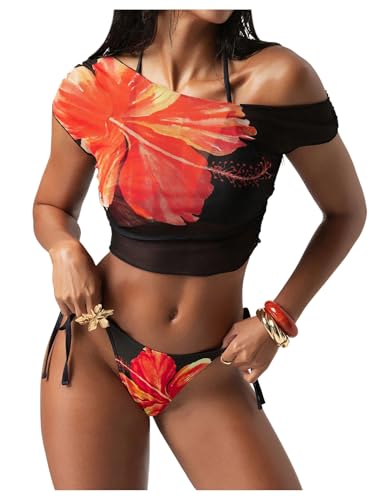 MakeMeChic Women's 3 Piece Floral Print Halter Triangle Tie Back Bikini Set with Ruched Cover Up Tops