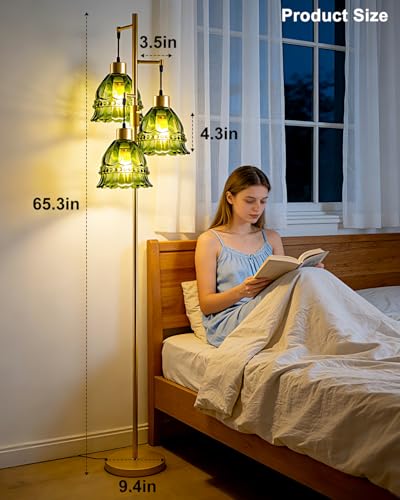 Image of Lightdot 3-Lights Green Glass Floor Lamp Dimmable Gold Floor Lamp with Glass Shade 3000K Bulbs Included Unique Modern Standing Tall Lamp with 5Lbs Heavy Base for Living Room /Bedroom /Sofa Beside