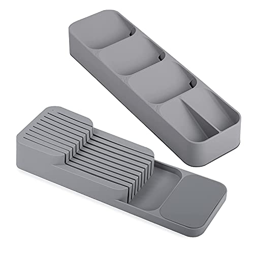 Foriox® Kitchen Drawer Organizer, Knives Block & Cutlery Organizer Set, Cutlery Organizer in Drawer, Drawer Store Tray for Cutlery Knives Fork Spoon, Silverware Organizer Partition Storage Box