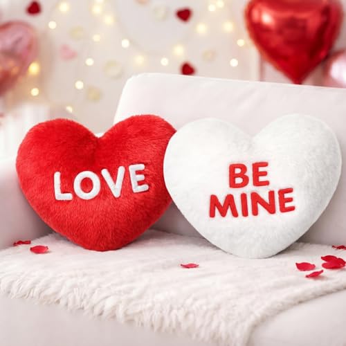 Blueweenly 2 Pack Valentines Day Throw Pillows Red and White Valentine Decor Soft Faux Rabbit Fur Cute Heart Decorative Pillow for Bed Sofa Couch Home Room Decor Valentine Gift