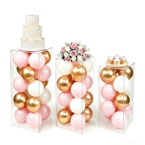 3PCS Acrylic Pedestal Stand for Party Clear Square Display Plinth Column Pillar Stand for Wedding Cake Stand Flower Holder Birthday Sculpture Display Art Gallery Home Decor (31.5/27.6/23.6 H)