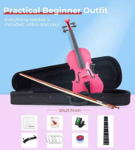 Vangoa Acoustic Violin For Beginners, 3/4 Acoustic Violin Fiddle For Teens Students Beginners Violin Starter Kit With Hard Case, Rosin, Shoulder Rest, Bow, Extra Strings,Pink #TOP6