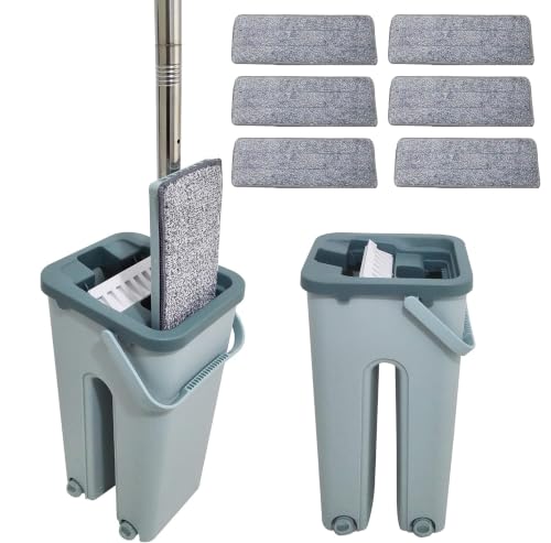 Image of SWISSPACK Floor Mop and Bucket Set − Easy and Simple Squeeze Mop Bucket, Flat Mop with 6-Pack Replacement Machine Washable Microfibre Mop Pads for All Floors Types Green