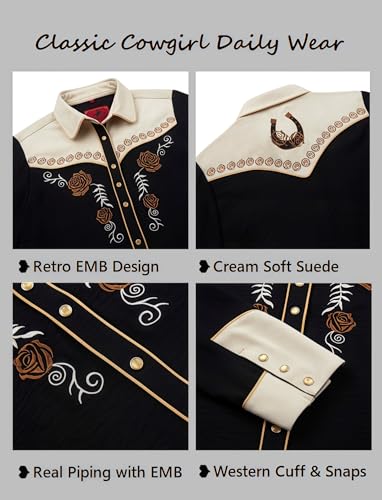 Women's Embroidered Western Cowgirl Snap Button Down Shirt with Stretch Long Sleeve Loose Blouse4