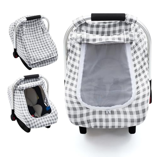 Image of Muslin Car Seat Cover Baby, Carseat Cover with Screen Window, Baby Carrier Cover with Privacy Sun Shade, Infant Carseat Canopy for Summer, Breathable Car Seat Protector for Newborn