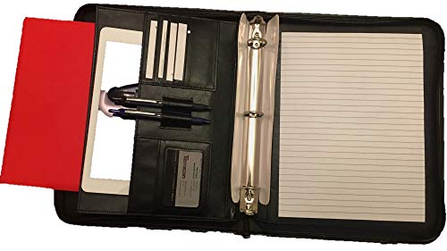 Black Professional Business Padfolio Portfolio Tablet Holder Briefcase Style Organizer Folder with Handles Notepad and 3 Ring Binder -Synthetic Leather- Best Office Solutions
