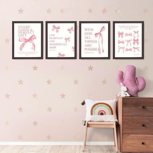 Image of LARTSFRO Coquette Pink Bow Wall Art Decor Posters, Pink Bow Room Bedroom Bathroom Dorm Wall Art Decor Aesthetic for College Teen Girls Gifts, Inspirational Bible Verses Bow Wall Decor, 10x8 Inch Set of 4 Pcs Bow Pictures (DARK FRAMED)