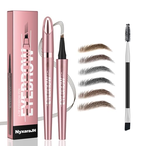 NyxaraJH 4-Tip Eyebrow Pen with Brush, 24Hr Long Lasting, Waterproof Microblading Effect, 6 Colors Available, Hair-Like Strokes (1#Light Coffee)