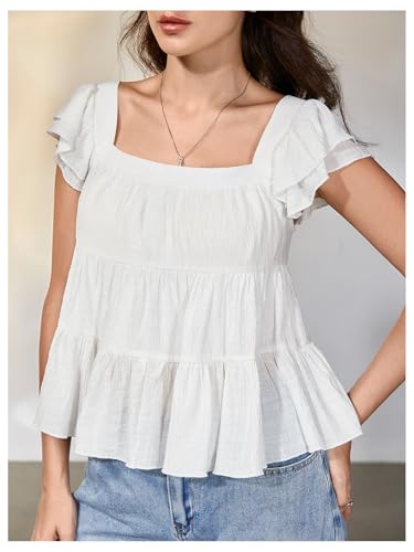 SweatyRocks Women's Ruffle Cap Sleeve Square Neck Flared Hem Blouse Shirt Tops3