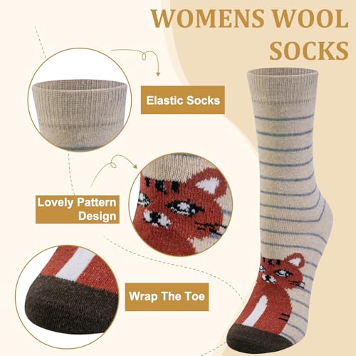 Image of Justay 5 Pairs Womens Wool Socks Thick Warm Winter Socks Casual Cozy Socks Vintage Knit Crew Socks Gift for Women