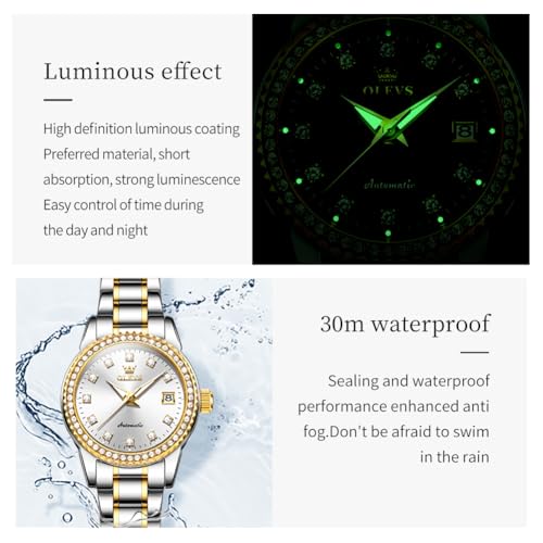 Image of OLEVS Womens Diamond Watches Automatic Mechanical Gold Luxury Dress Ladies Self Winding Original Stainless Steel Wrist Watch