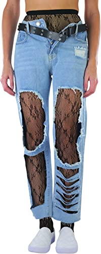 Image of ToBeInStyle Women's Single Floral Lace Fishnet Tights Footless & Stirrup Design