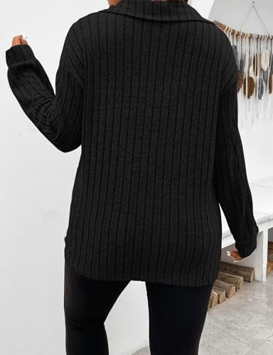 Image of Koscacy Women Plus Size Casual Knit Sweater Lapel V Neck Solid Color Tops Lightweight Long Sleeve Blouses