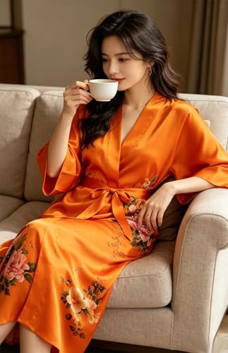 Image of Women's Classic 100% Silk Kimono Robe, Bathrobe-Printed Pattern