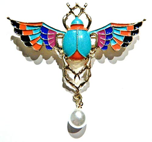 Colorful Winged Scarab Beetle Brooch Aqua Blue & Goldtone Egyptian Pin