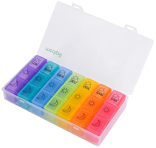 MEDIPILL - MED-BOX21 - Pilulier Semainier FRANCAIS - 7 Jours Matin / Midi / Soir - 21 Compartiments - Boîte à médicaments - Boîte à pilules cardio - Transparent - Grand pilulier Cover