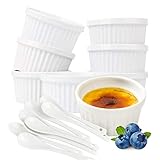 Souffle Dish Ramiken Set for Baking – 8 Pack 6 Oz White with Spoons, 3.5-inch Ceramic Oven Safe...