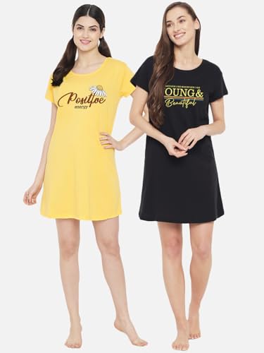Image of Fflirtygo Women's Cotton Nighty | Printed Knee Length Nighty | Short Sleeve Nighty | Short Nightdress | Long T-Shirt | Regular Fit Night Gown | Nightwear | Sleepwear & Casual Wear Nighty