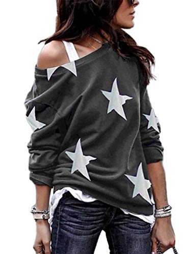 HOTAPEI Womens Fashion Casual Crewneck Gray Sweatshirt Star Printed Oversized Loose Soft Off Shoulder Long Sleeve Fall Pullover Tops Shirts Sweatshirts for Women Teen Girls X-Large