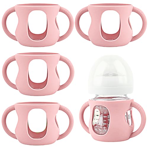 Image of Frezonika 4 Pack Silicone Sleeves for Avent Natural Glass Baby Bottles, Silicone and Easy-Grip Handles for Drop Protection, Compatible with Philips Avent 4/8 OZ Glass Bottle (Cute Pink, 4 OZ)
