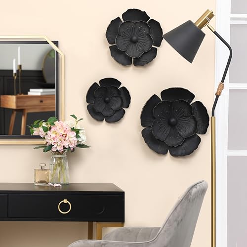 LuxenHome Handmade 3D Metal Flowers Wall Decor Metal Wall Hanging Sculptures Home Decor Floral Art Dark Gray with Gold Flower Decoration for Home Office Decor (Set of 3) - Image 6
