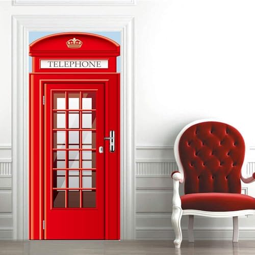 Tizhweqo Stickers Porte Trompe L'oeil Cabine Téléphonique Rétro Londres Papier Peint Autocollant Porte Pour Chambre Salon Décoration Stickers Muraux Sticker Porte...