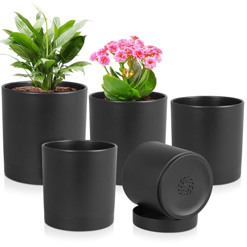 Meowell 7/6.5/6/5/4 inch Plant Pots for Small Indoor Outdoor Plants, 5 Pack Cylinder Flower Pots with Drainage Holes and Saucers, Plastic Planters for Garden Succulent House Plants, Black