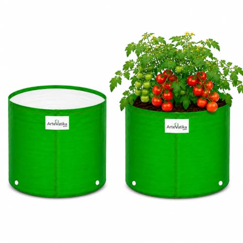 Image of Grow Bags for Terrace Gardening, Premium HDPE Green-Orange Large Planters for Fruit Trees, Vegetables, Flowers & Home Garden Pack of 2(15x15)