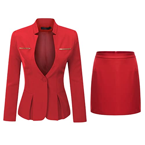 YYNUDA Conjunto de traje para mujer blazer con falda/pantalón, corte ajustado, elegante atuendo de negocios para oficina, Rojo(traje falda), XL