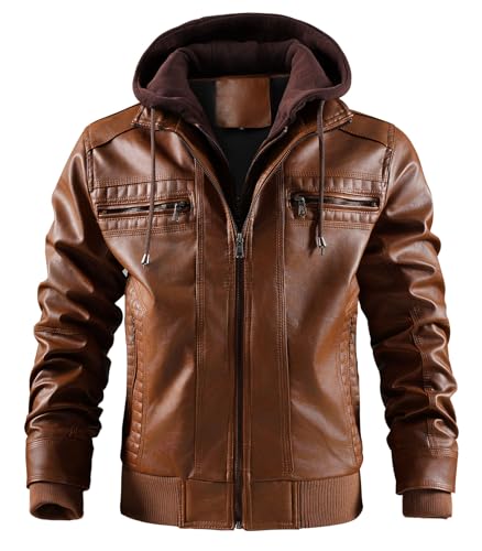 Image of INVACHI Men's Faux Leather Motorcycle Bomber Jacket with Removable Hood