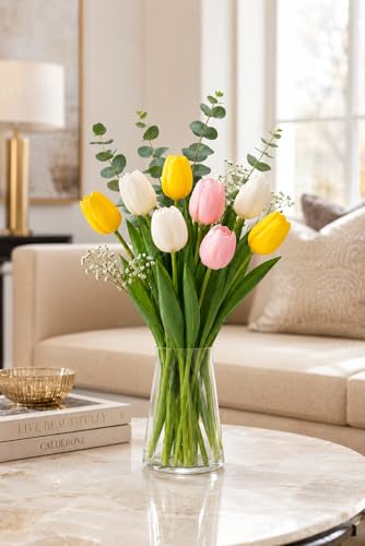 Image of Divyakosh Artificial Flowers for Vase (Vase Not Included)- Luxury Tulip Flower Bouquet with Eucalyptus & Baby's Breath, Faux Floral Arrangement for Home Decor, Living Room, Wedding Decoration, Office