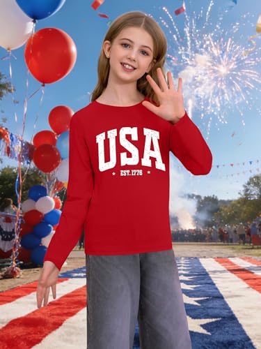 Image of Ithalt 4th of July Outfit Kids Girls American T Shirt USA T-Shirt Fourth of July Tops Patriotic Long Sleeve Tops