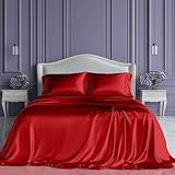 SLEEP SANCTUARY Satin Sheets King Size – 4 Piece Luxury Silky Bed Set, Softer Than Silk, 15' Deep Pocket, Cooling & Wrinkle-Free, Moisture-Wicking & Breathable for Hair & Skin (Red)