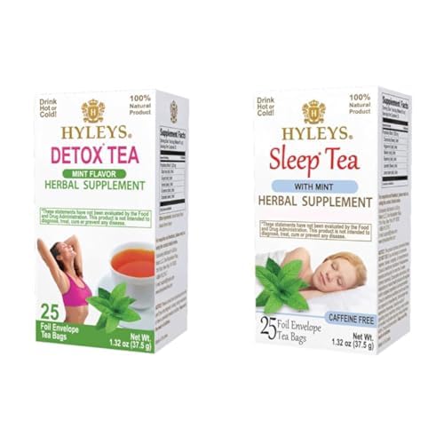 Hyleys Tea Bundle: Detox Green Tea with Mint, Ginger & Fennel (25 Bags) + Sleep Mint Herbal Tea with Rosemary & Lavender (300 Bags)
