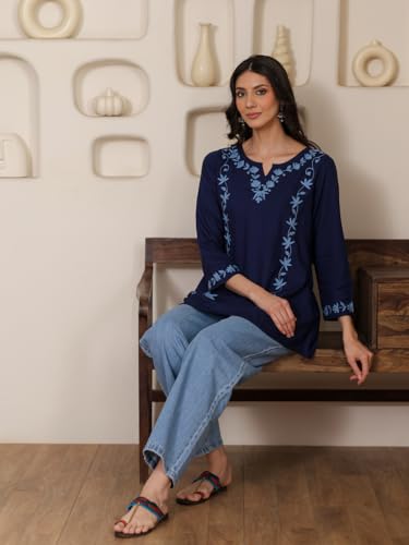Image of QAZMI Women Kashmiri Aari Embroidered A-Line Viscose Rayon Short Kurti with Full Sleeves