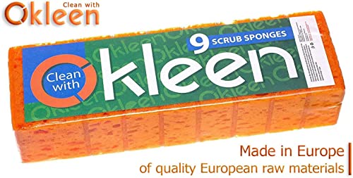 Image of Orange Multi Use Scrub Sponge. Made in Europe. 18 Pack, 4.3x2.8x1.4 inches. Odorless Heavy Duty and Non Scratch Fiber. Durable and Delicate Scrubber for Oven and Stove, Bathroom and Basement