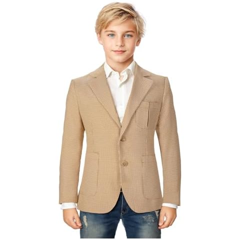 Boy Plaid Blazer Slim Fit Khaki Cute 2 Button Suit Jacket Formal Notched Lapel Stretch Fabric Single Breasted Tuxedo Fit Size 12 Cover
