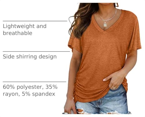 Image of WIHOLL Womens Summer T-Shirts Short Sleeve V Neck Dolman Tops with Side Shirring Loose Fit Shirts Spring Fashion