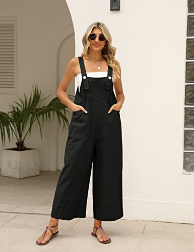 Puwei Summer Cotton Linen Bib Overalls Women Baggy Sleeveless Wide Leg Jumpsuits With Pockets(2868-Black-M) #TOP1