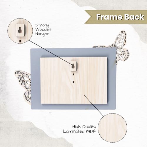 Image of Rectangle Photo Frame | Wooden Decorative Picture Frame with Butterfly Laser Cut Border & Clear Acrylic Front | Wall & Tabletop Display | Premium Home Decor & Gift (22x16 cms)