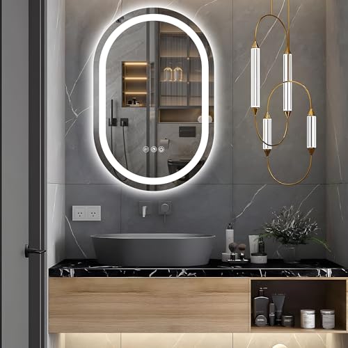 AXOTEXE Oval LED Mirror Bathroom 20 x 32 Inch Oval Lighted Vanity Mirror for Wall with Stepless Dimmable 3 Colors Anti-Fog Wall Mounted LED Mirror for Bathroom Shatter-Proof